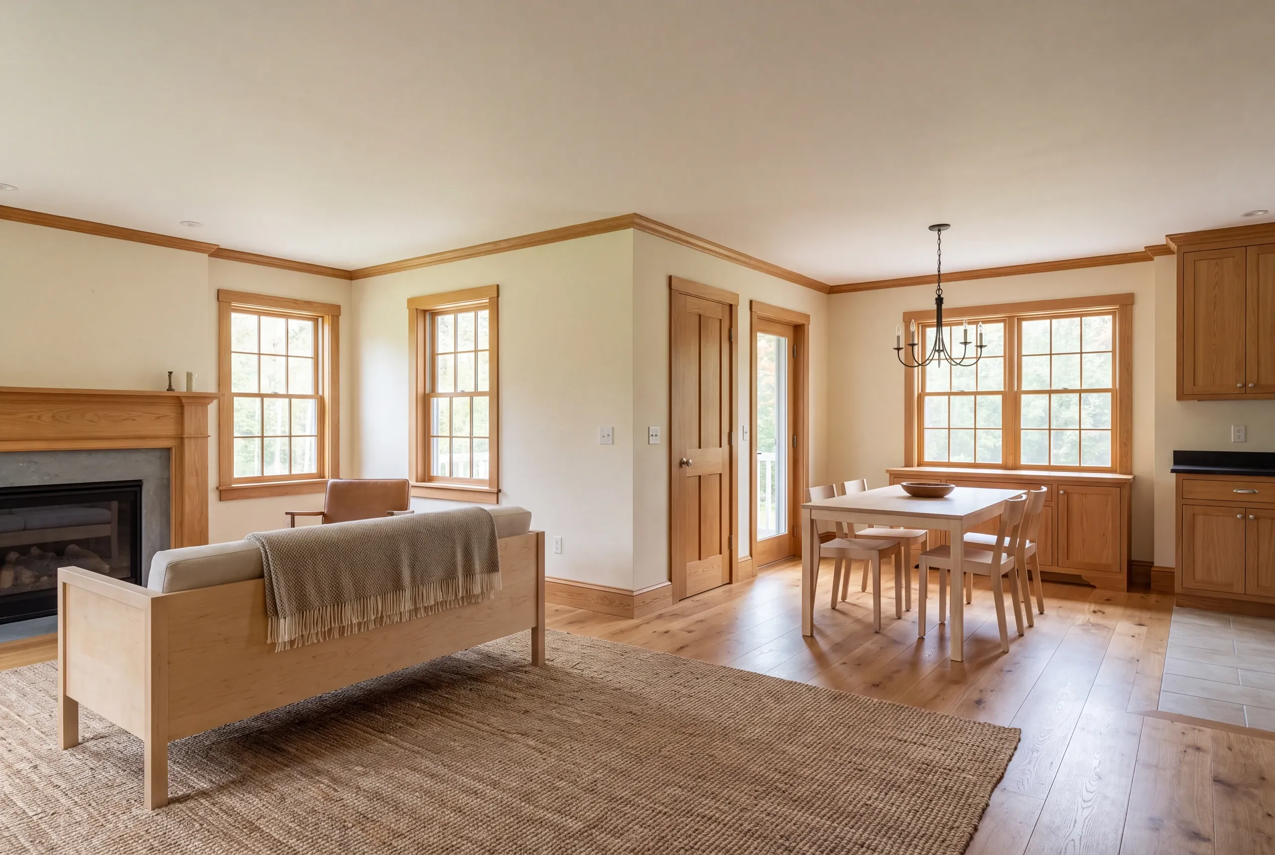 Interior view showing connected living and dining spaces with wood trim, hardwood flooring, and a fireplace.