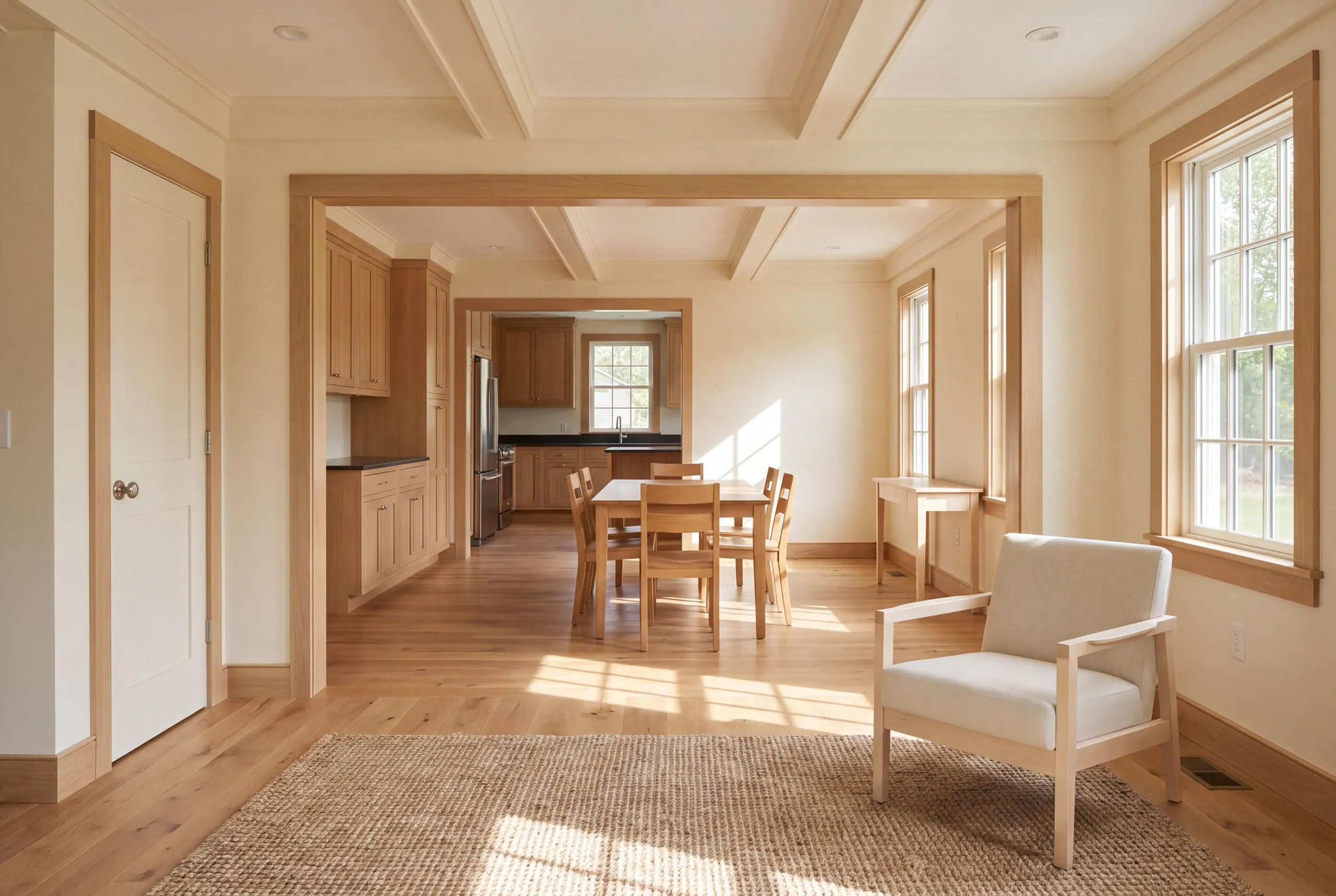 Whole house renovation in Topsham, ME: interior view showing connected living spaces with light wood trim, hardwood floors, a dining area, and an armchair.