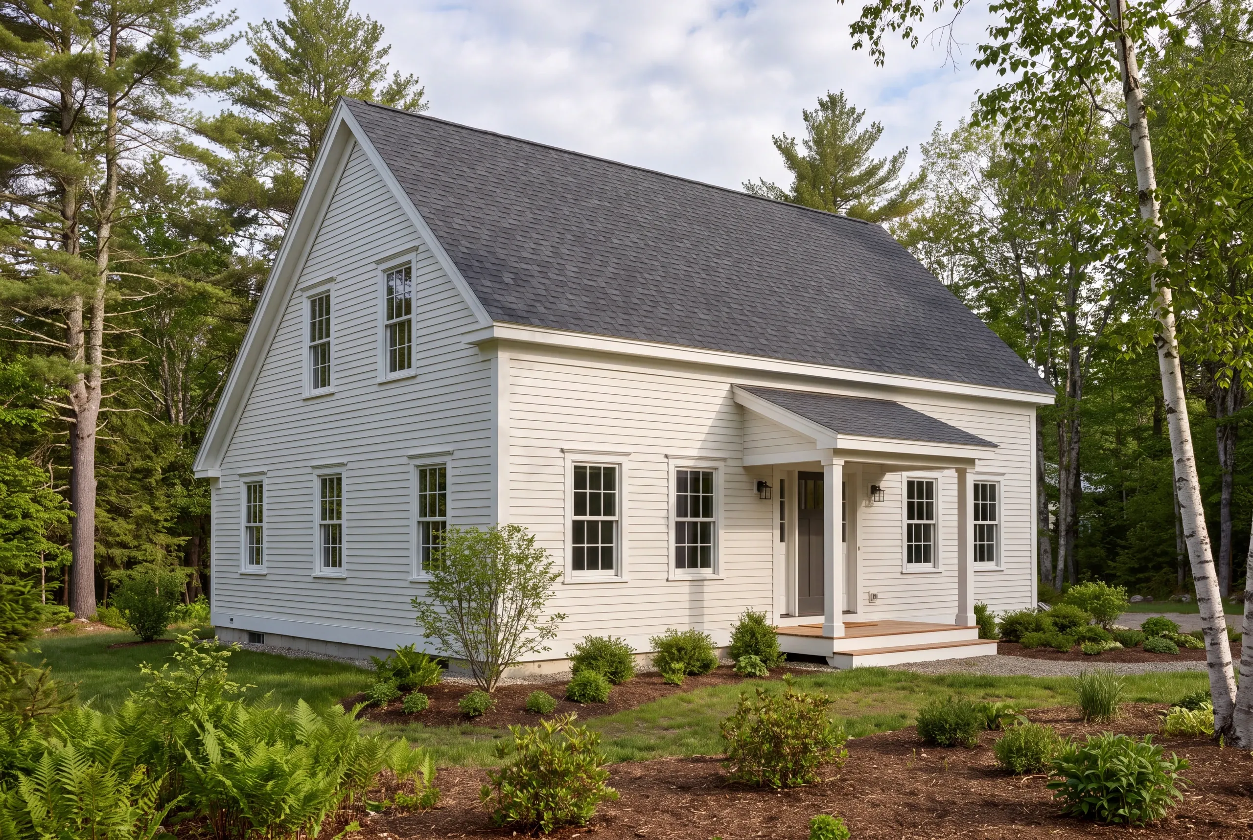 A two-story white house with a dark shingled roof and front porch is surrounded by trees and landscaping.