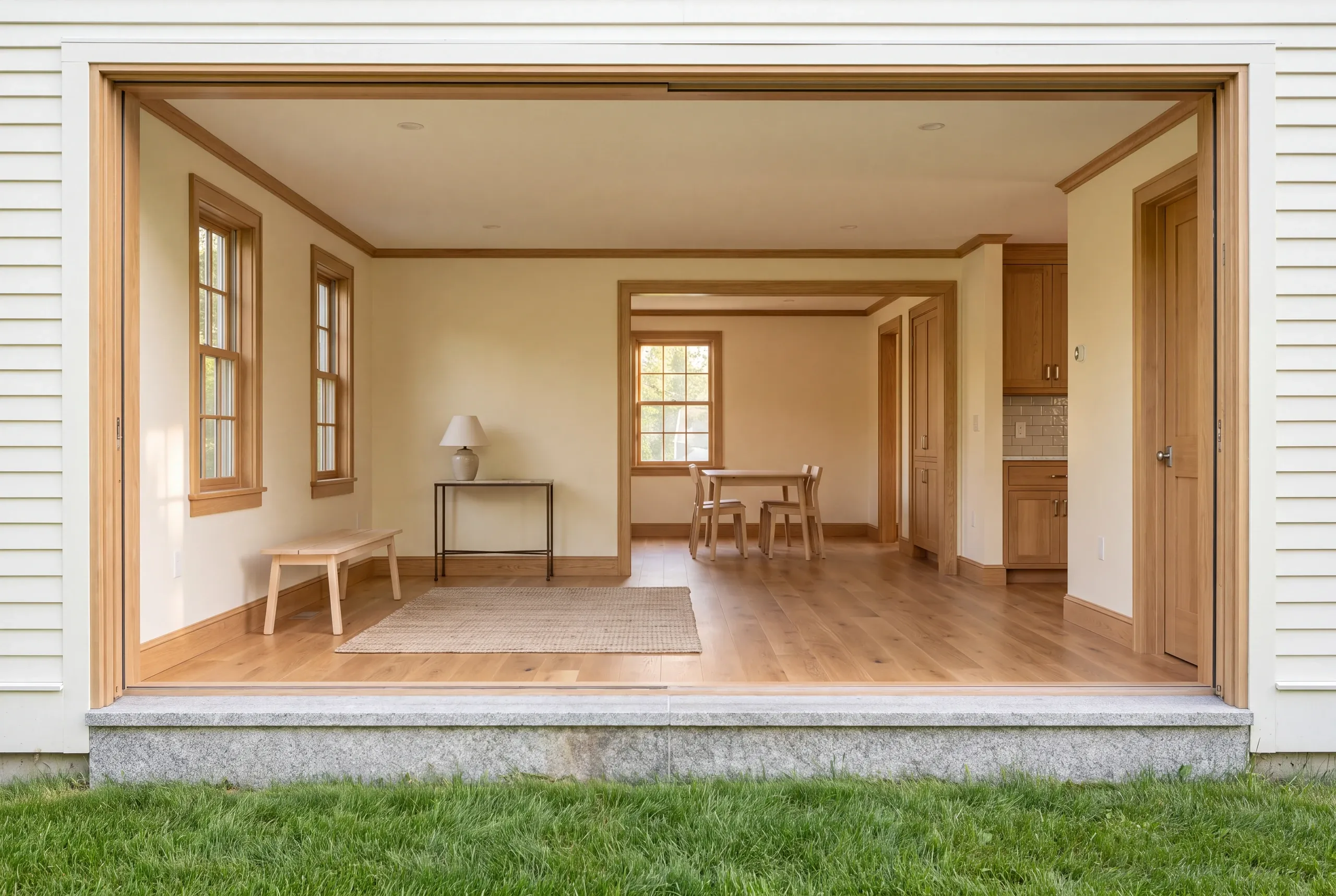 An exterior view showing a wide open doorway leading into a brightly lit, newly remodeled interior space with oak flooring and trim.