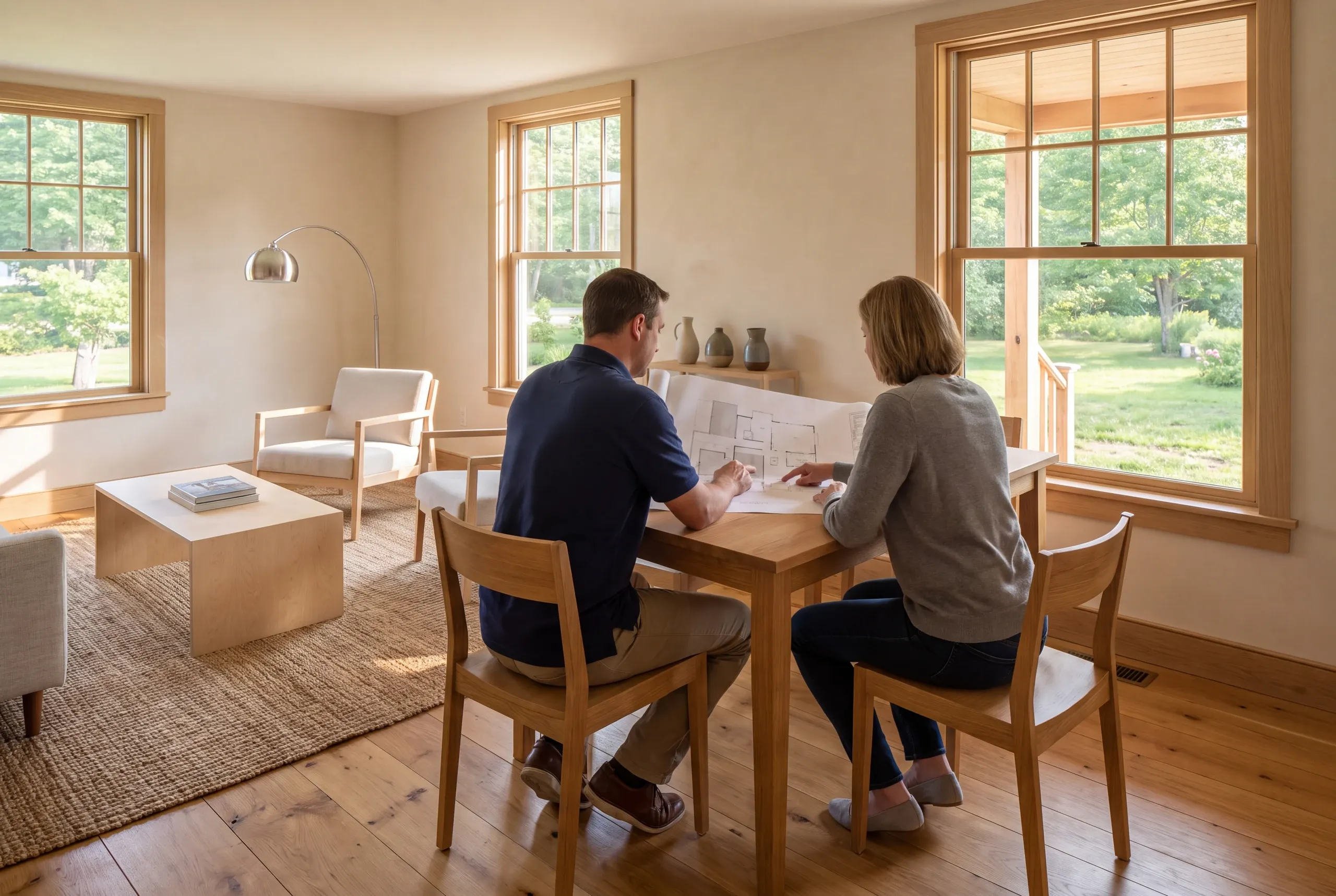 Two adults sit at a wooden table in a bright living room, reviewing architectural drawings together.