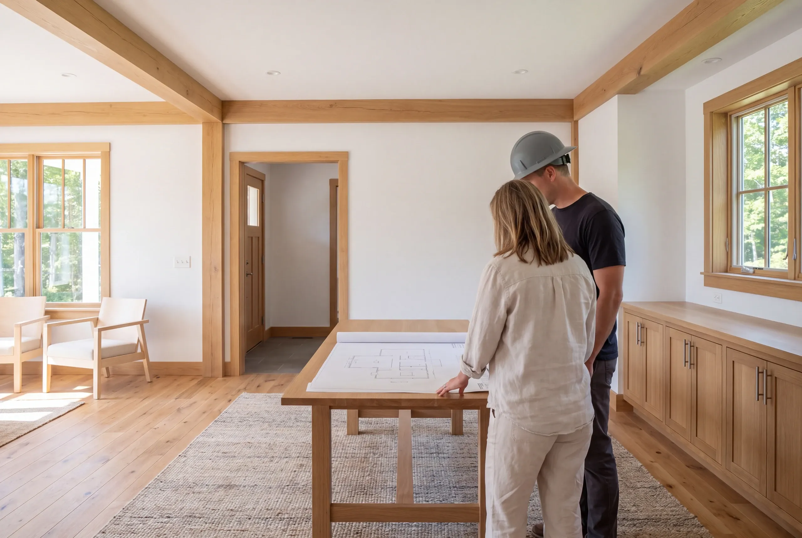Two adults stand from behind reviewing a floor plan on a wooden table in a brightly lit room with exposed wooden beams and trim.