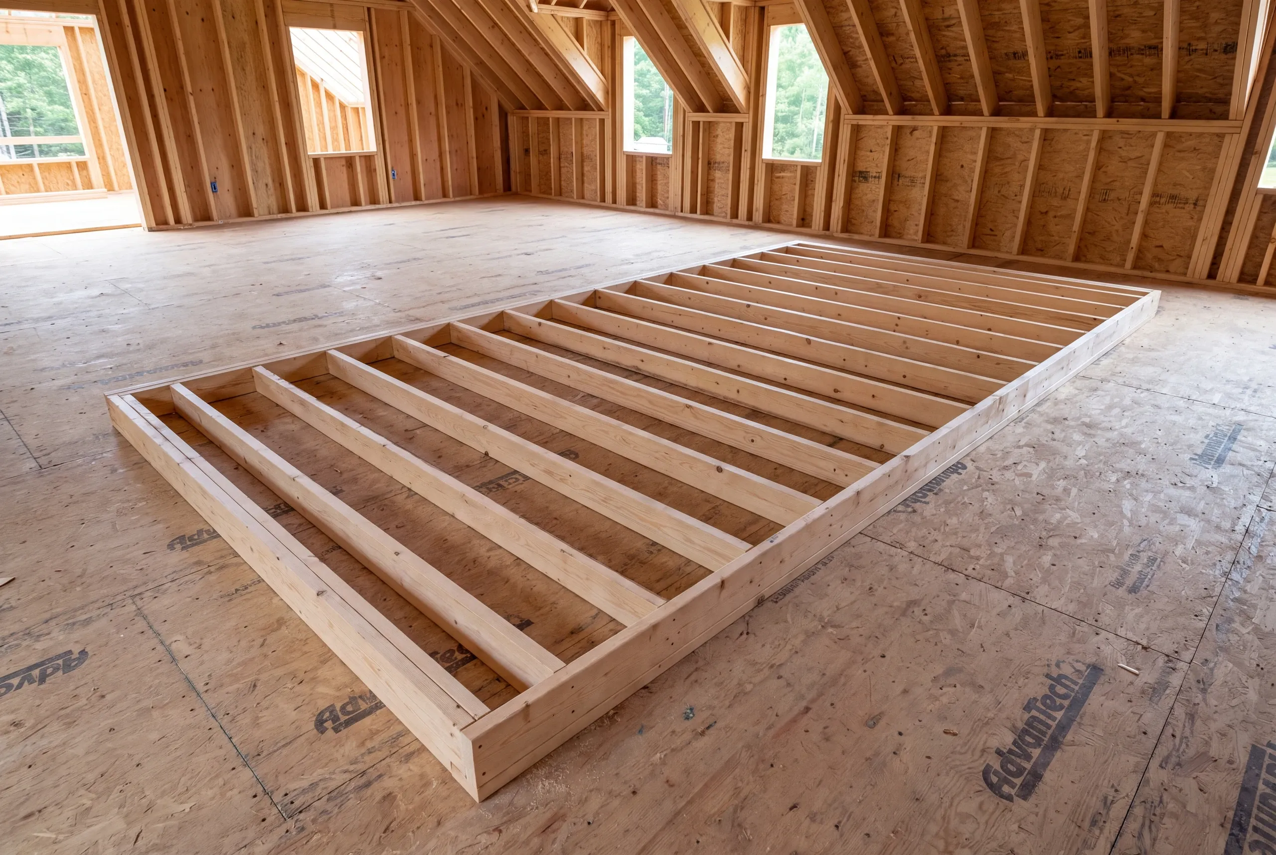 A wooden interior wall frame lies flat on a subfloor inside a house under construction with exposed framing and roof trusses.