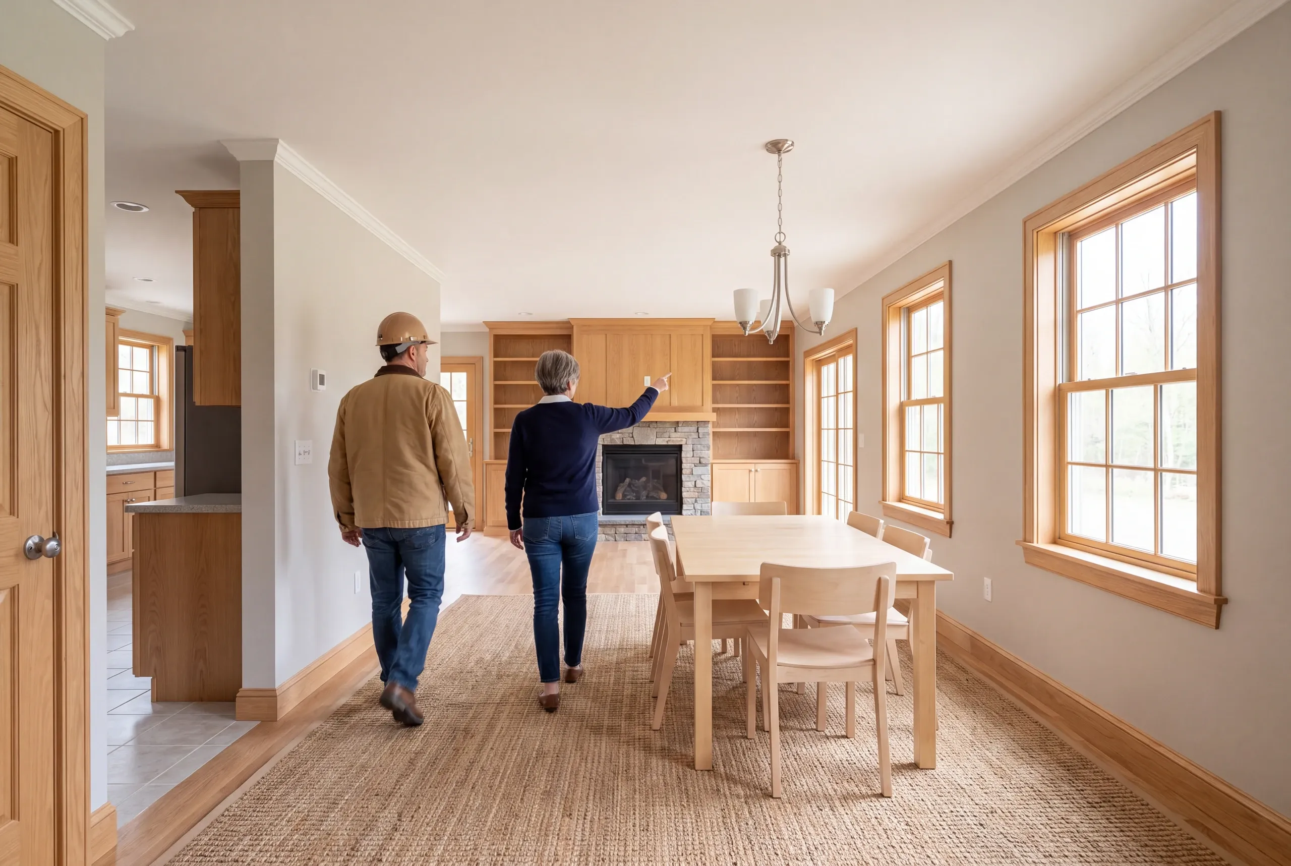 Two adults seen from behind walk through a finished dining room with wooden trim and a table.