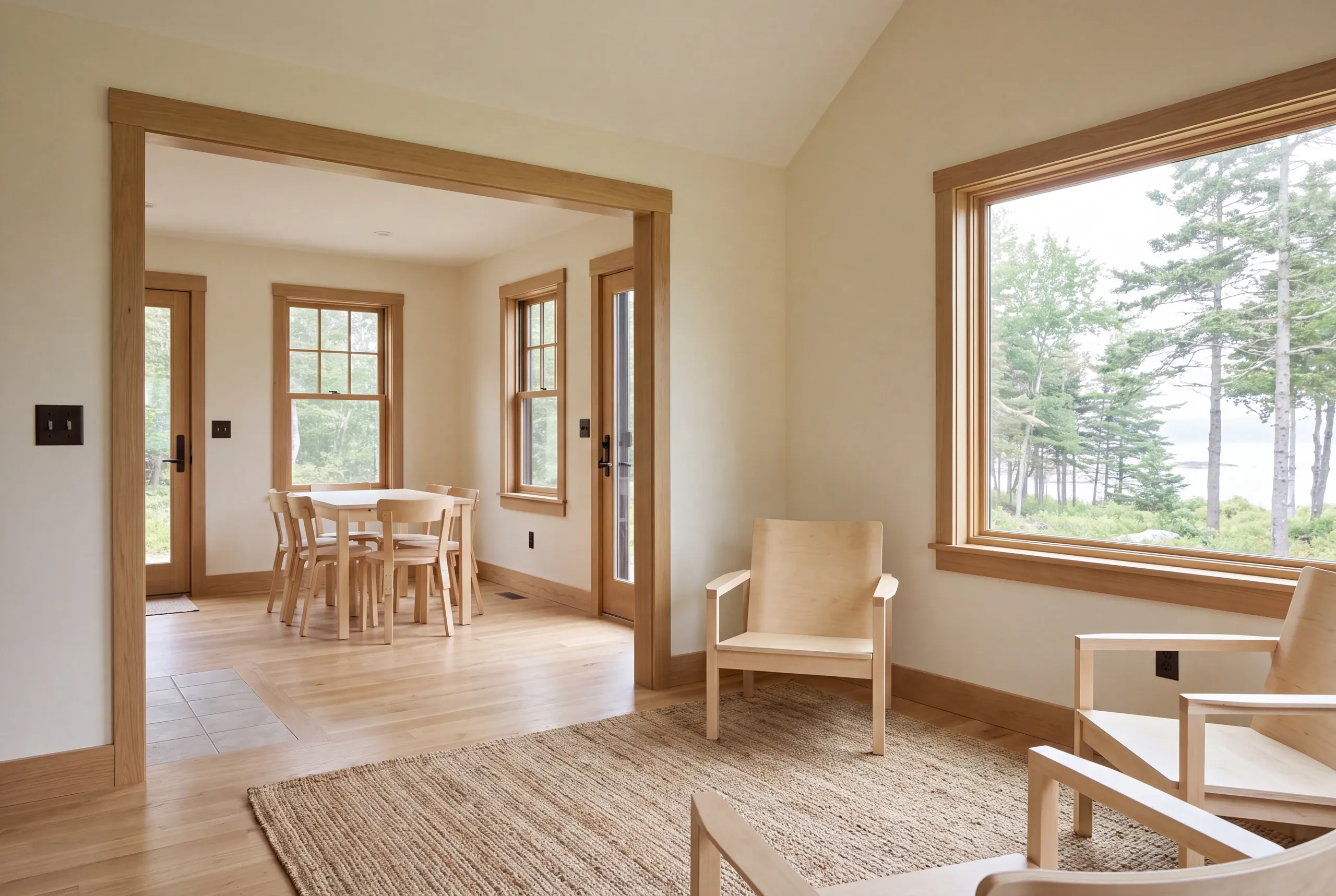 A bright finished living area with light wood trim connects through a wide doorway to a dining room featuring a table and chairs.