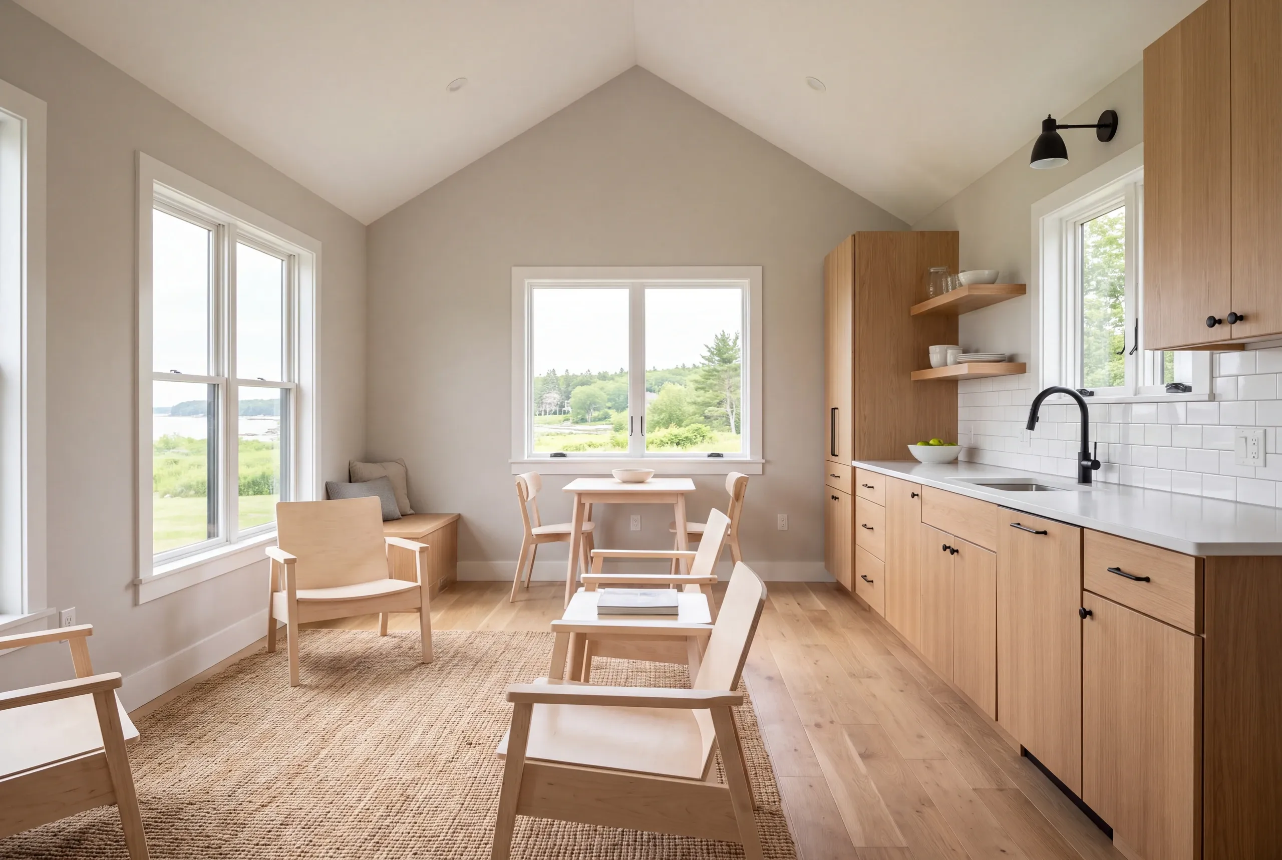 An interior shot shows a finished kitchen and living area with wooden furniture, hardwood floors, and large windows looking outside.