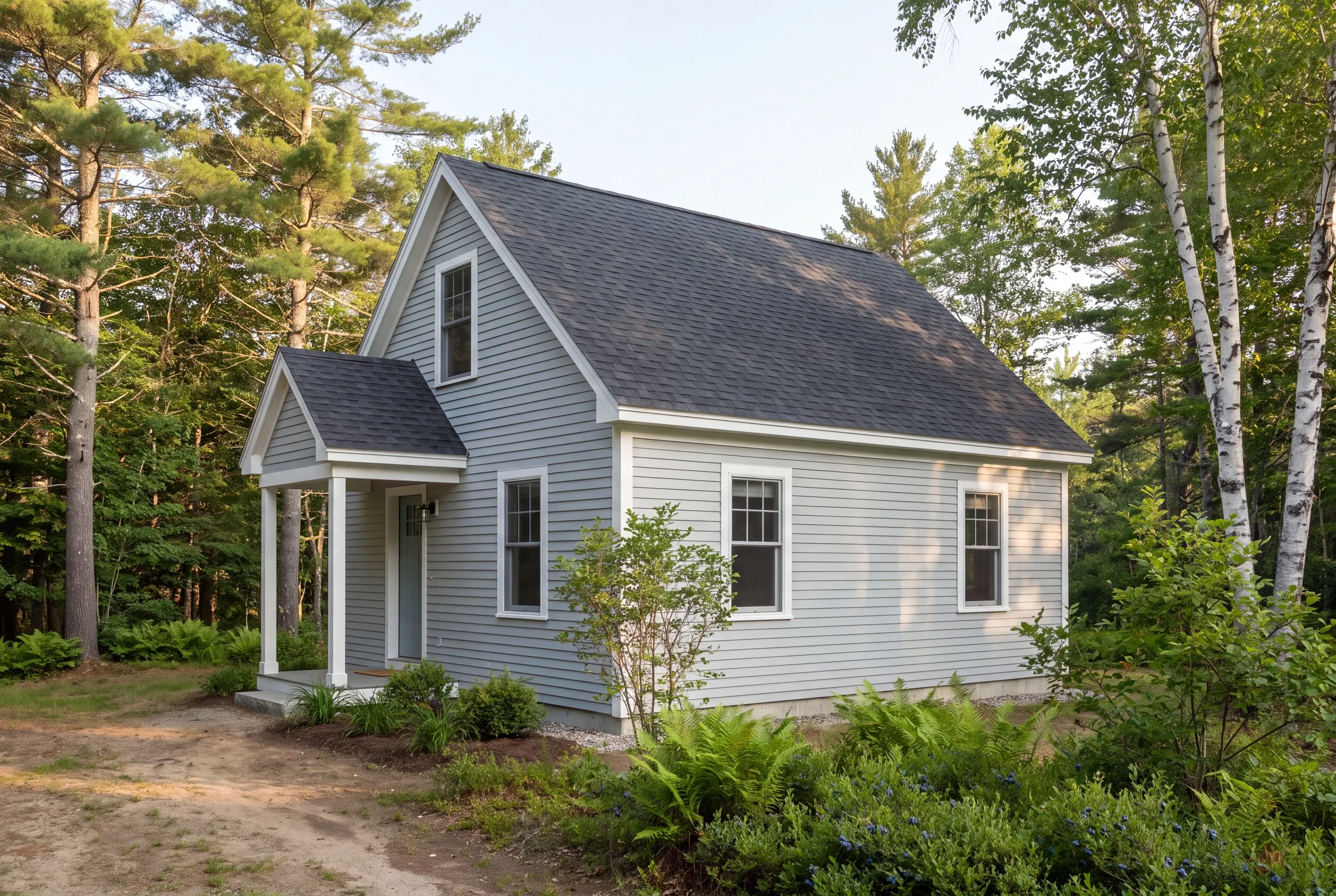 A small light gray house with a shingled roof is nestled among tall trees and lush greenery.