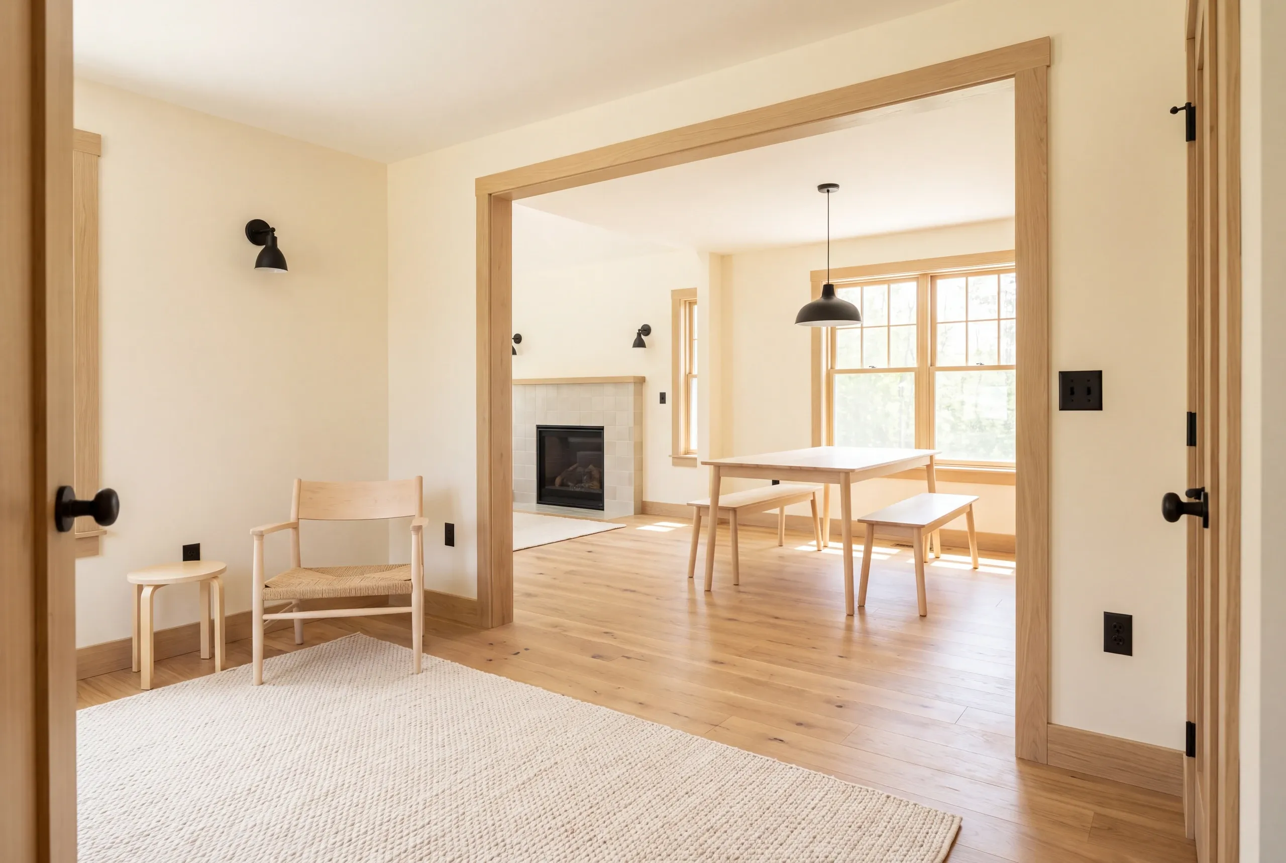 Two connected newly remodeled rooms featuring coordinated oak flooring, light-colored walls, a wooden armchair in the foreground room, and a dining set and fireplace in the adjacent room visible through a wide doorway.