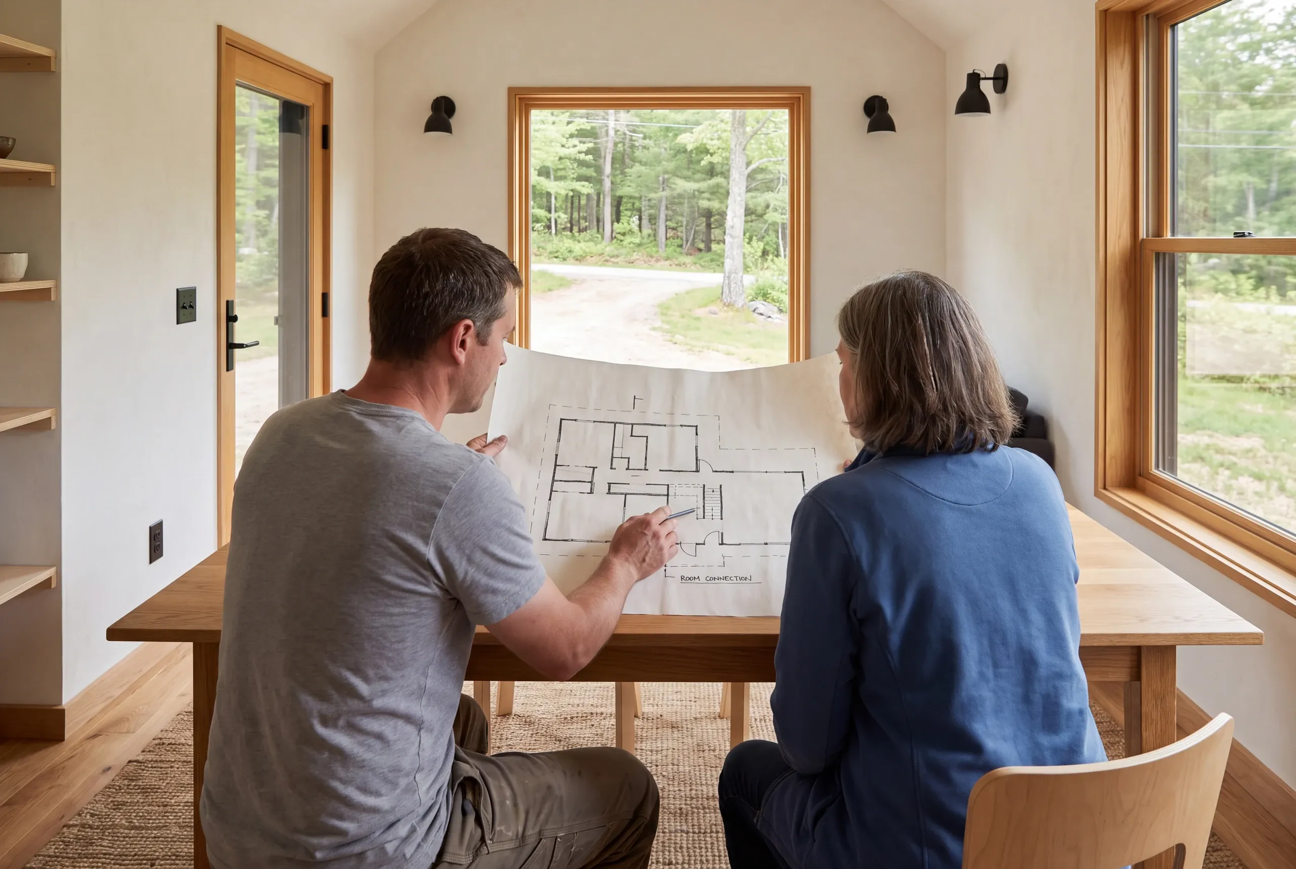 Two people seated at a wooden table inside a bright room review a large floor plan blueprint.