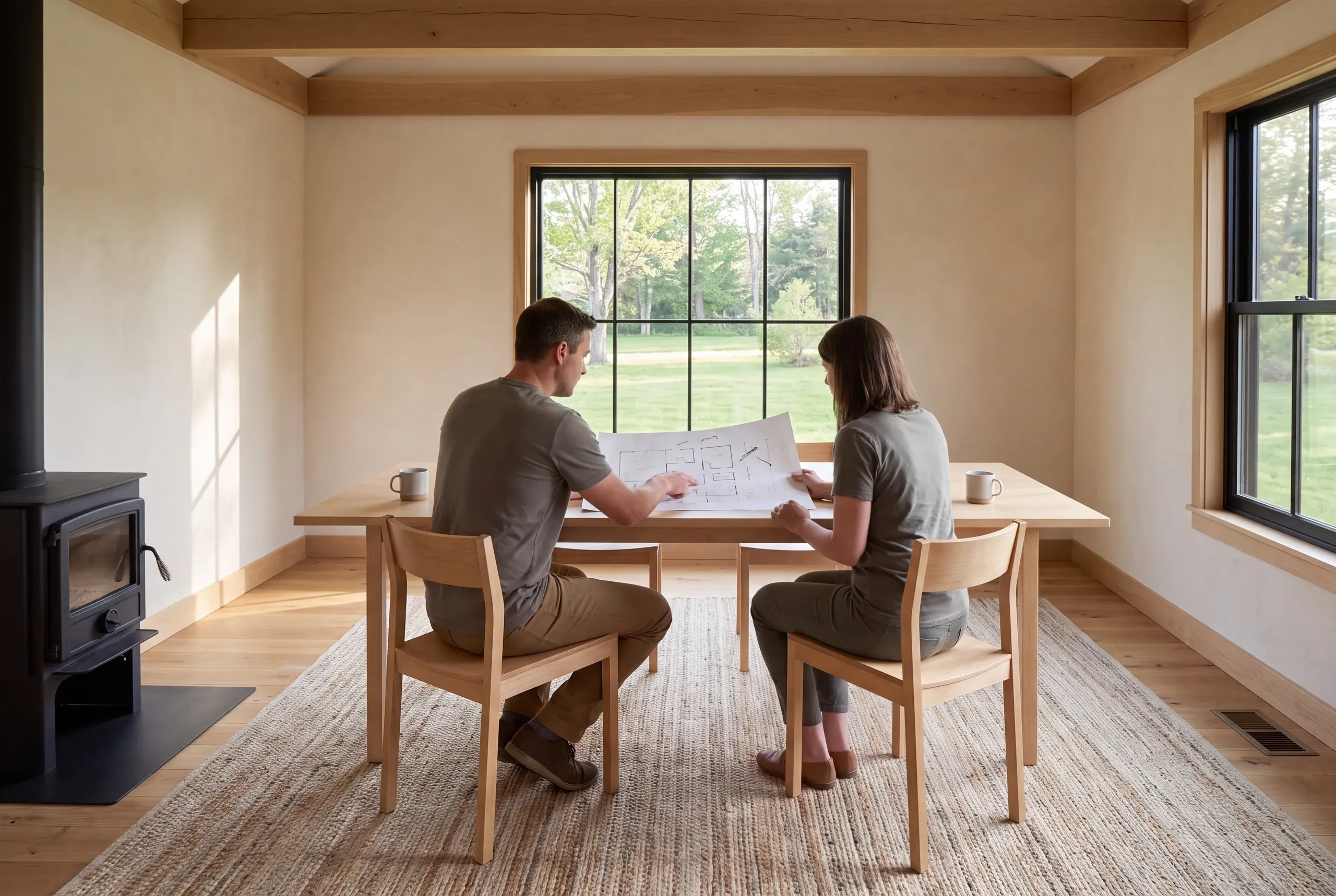 Two adults seated at a wooden table in a brightly lit living room, reviewing a floor plan together.