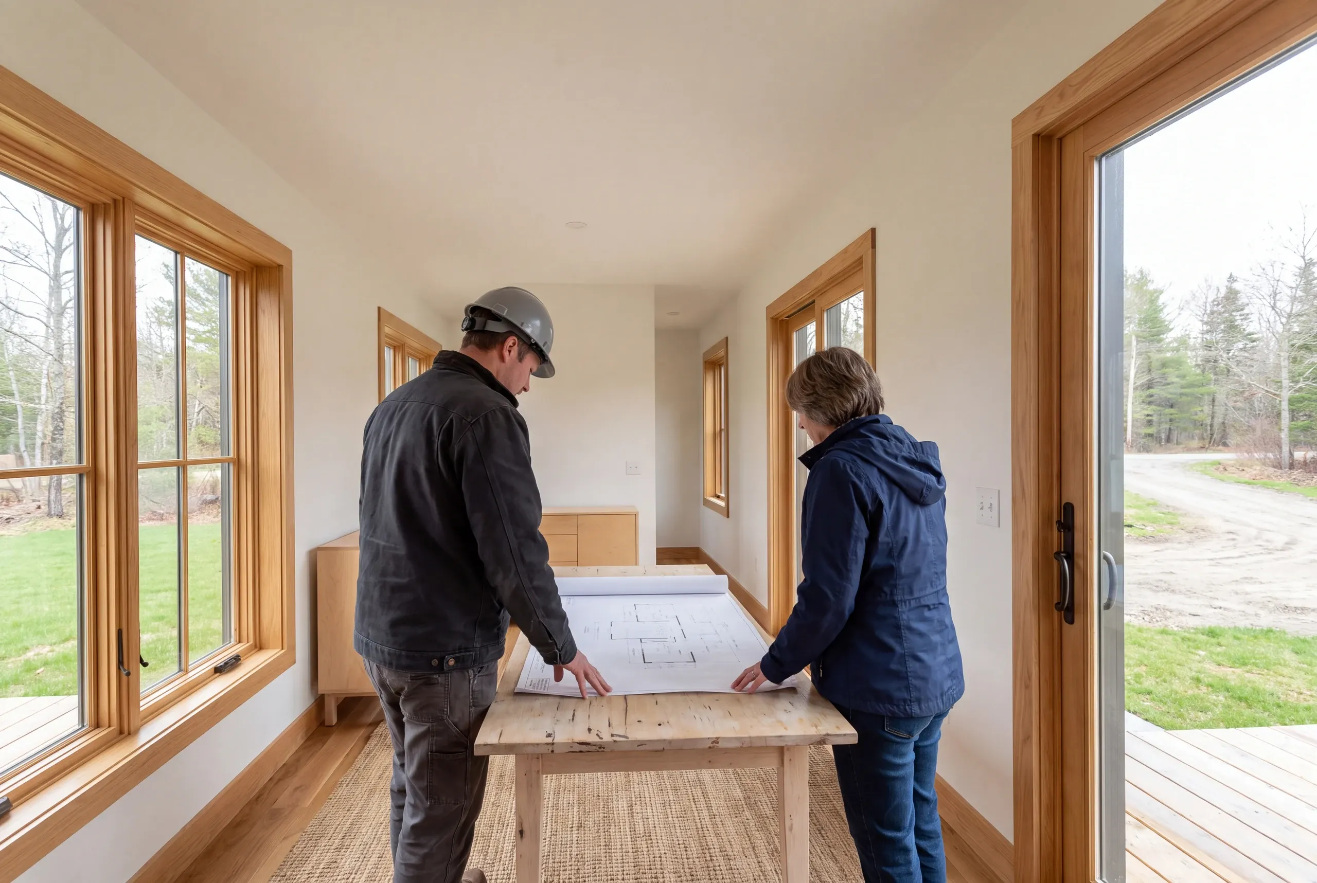 Two adults stand at a wooden table in a room with light walls and wood trim, looking down at a large architectural drawing.