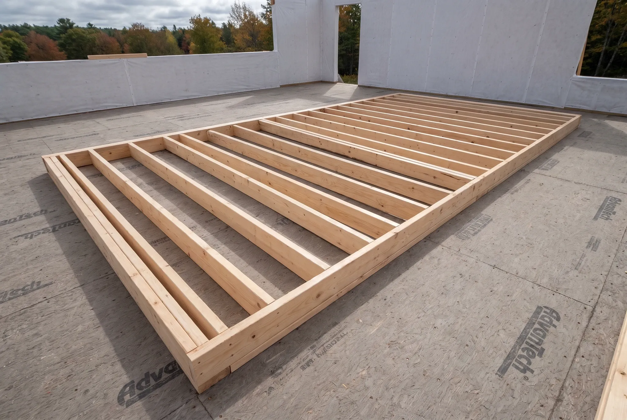 A wooden partition wall frame lies flat on a subfloor inside an unfinished building.