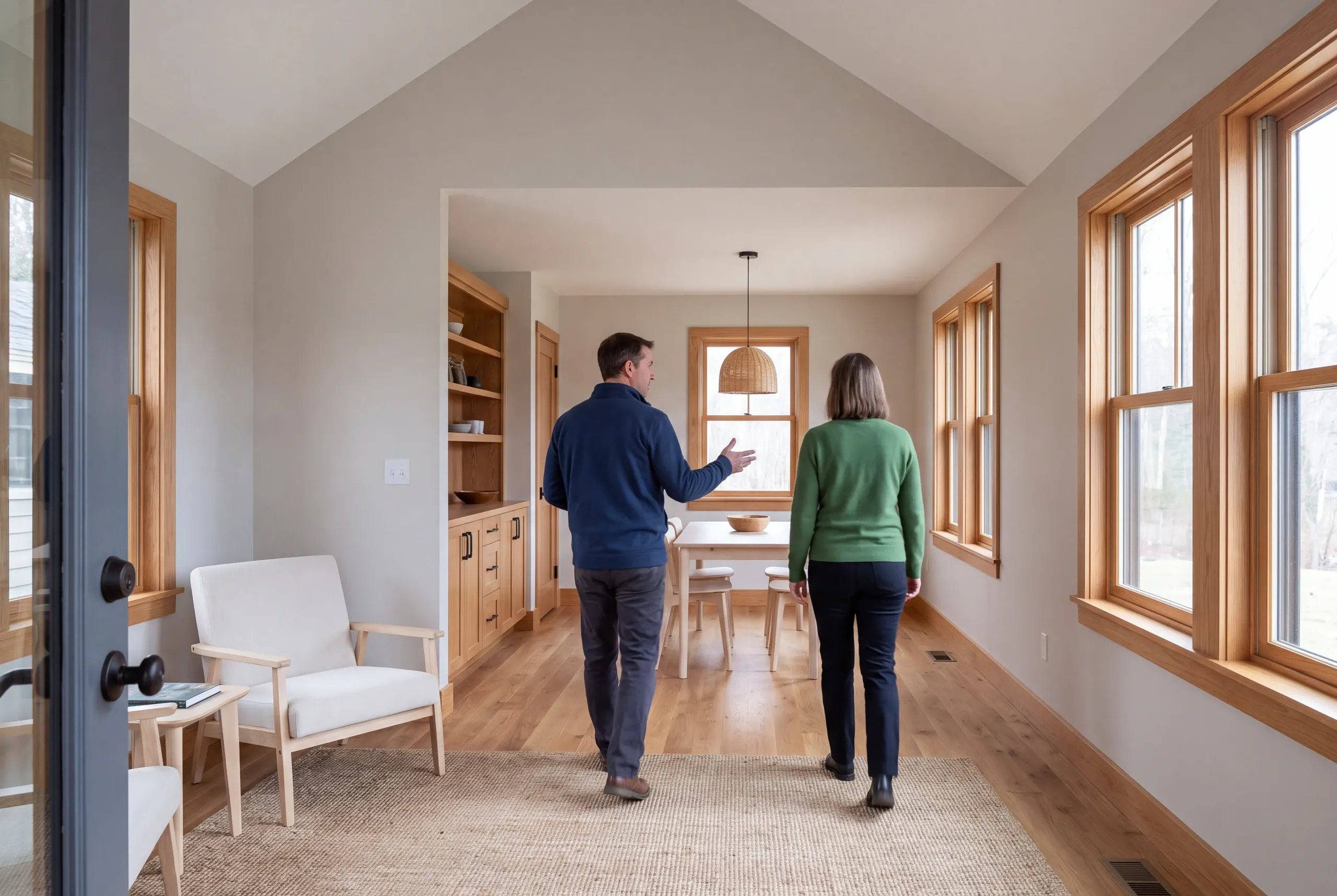 Two adults walking through a renovated room with wooden trim and furniture, seen from behind.