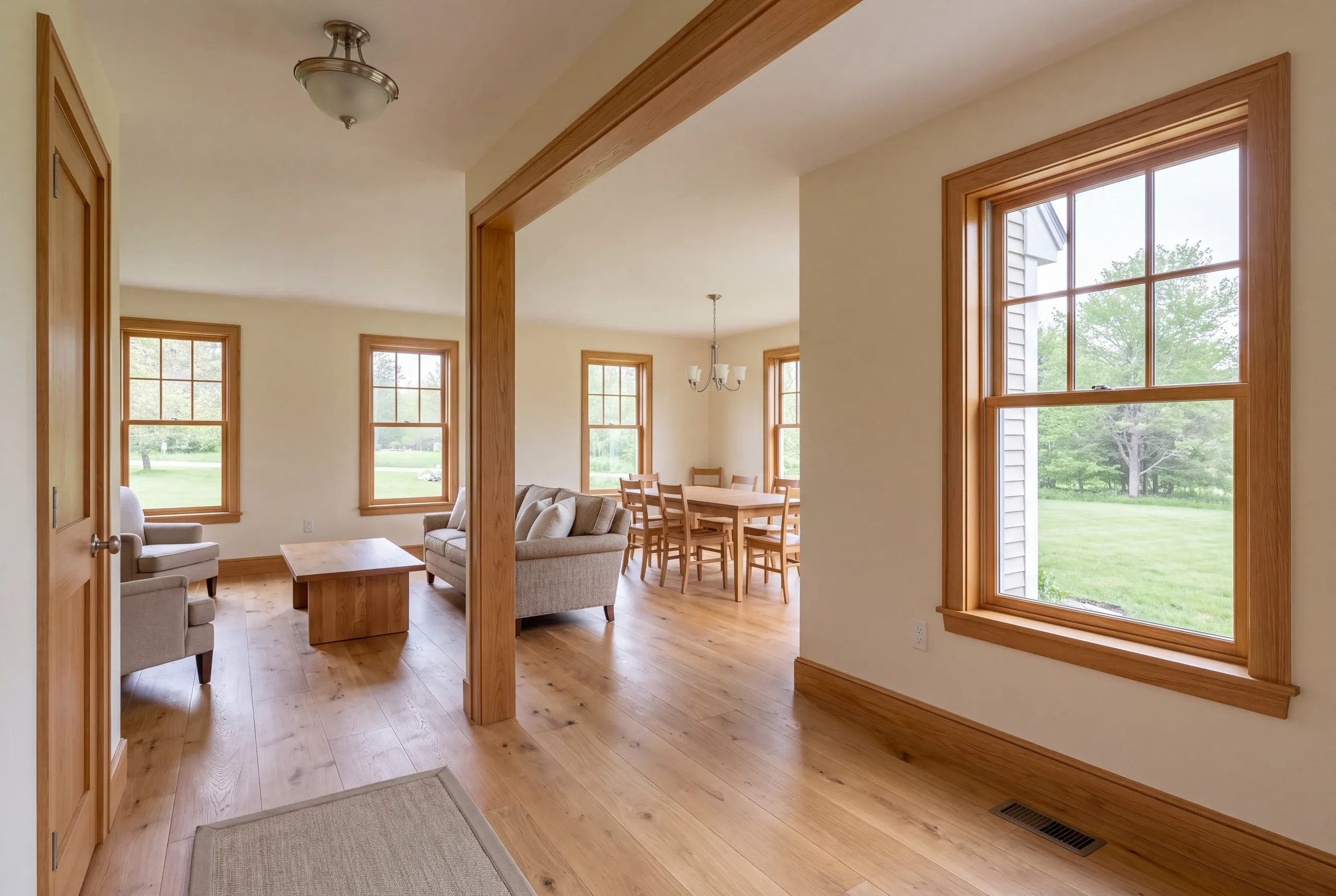 Interior view of connected living and dining areas featuring hardwood floors, oak trim, and natural light from multiple windows.