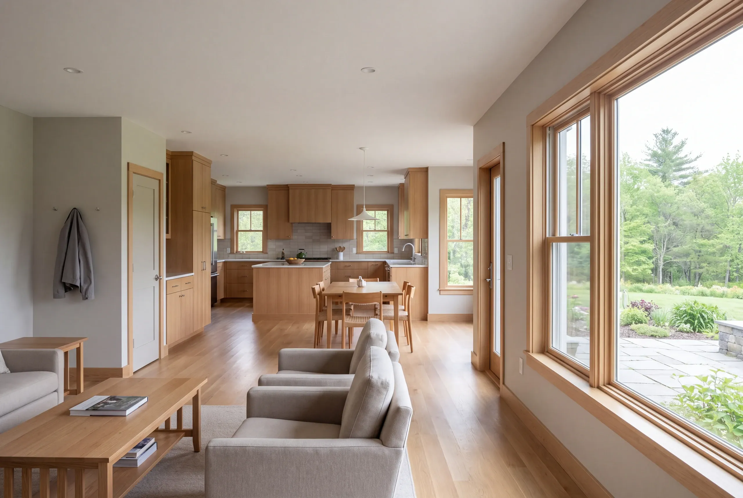Interior view showing a connected kitchen, dining, and living area with wooden floors, cabinetry, and large windows looking out to greenery.