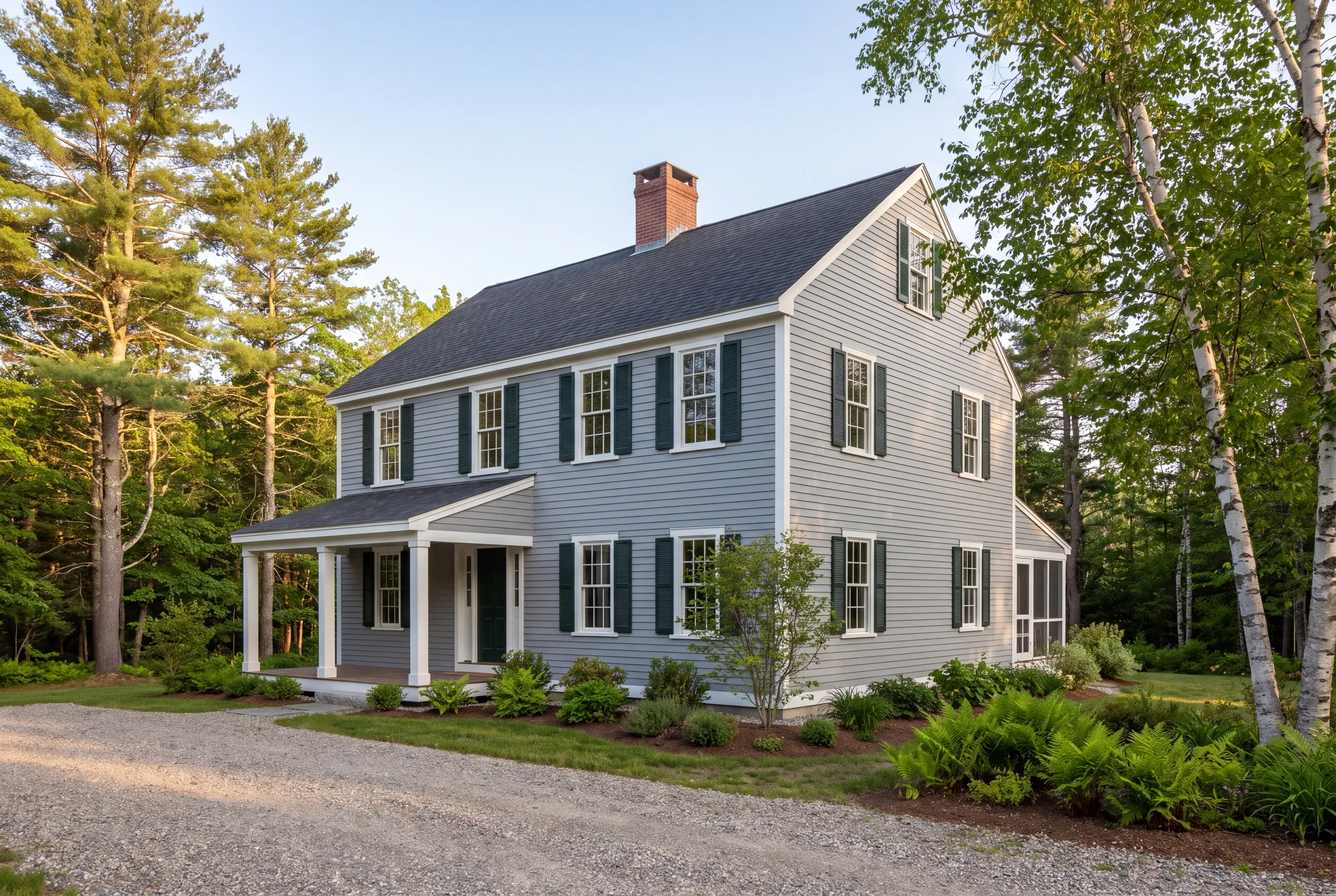 A two-story gray house with white trim, dark shutters, and a covered porch stands surrounded by trees and a gravel driveway.
