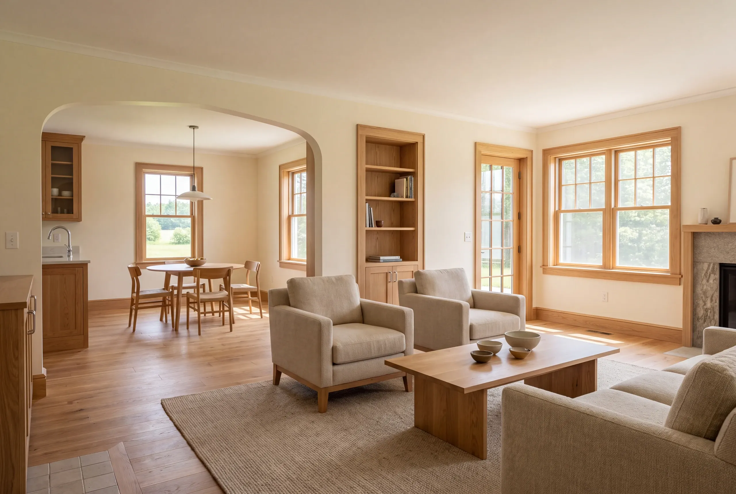 Two connected remodeled rooms featuring coordinated oak flooring, trim, and built-in cabinetry, furnished with armchairs and a dining set.