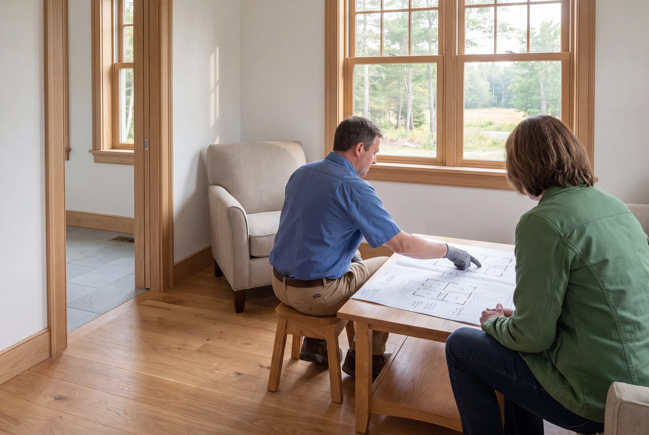 Two adults sit at a wooden table inside a finished room, reviewing a large architectural floor plan together.