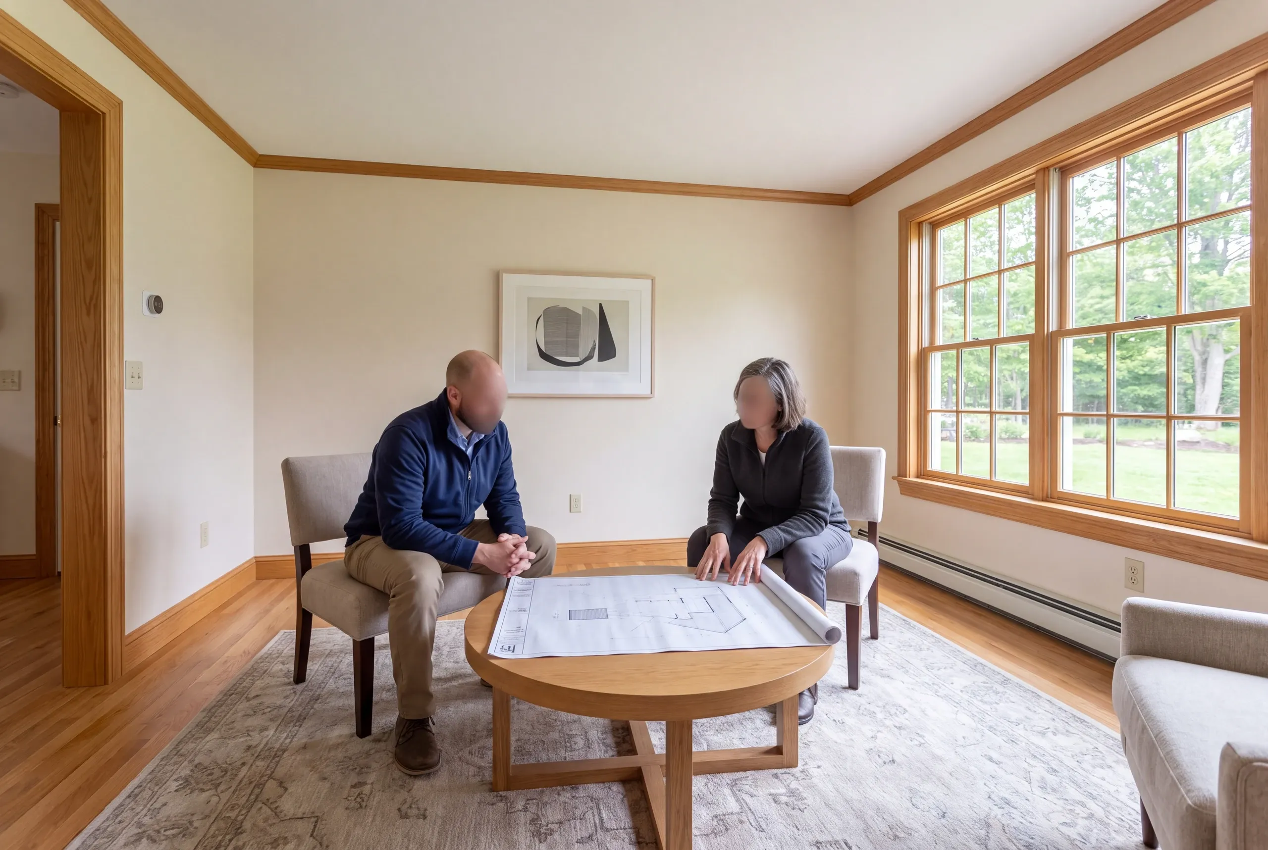 Two adults sit in armchairs in a furnished living room, looking down at a large floor plan spread across a round coffee table.