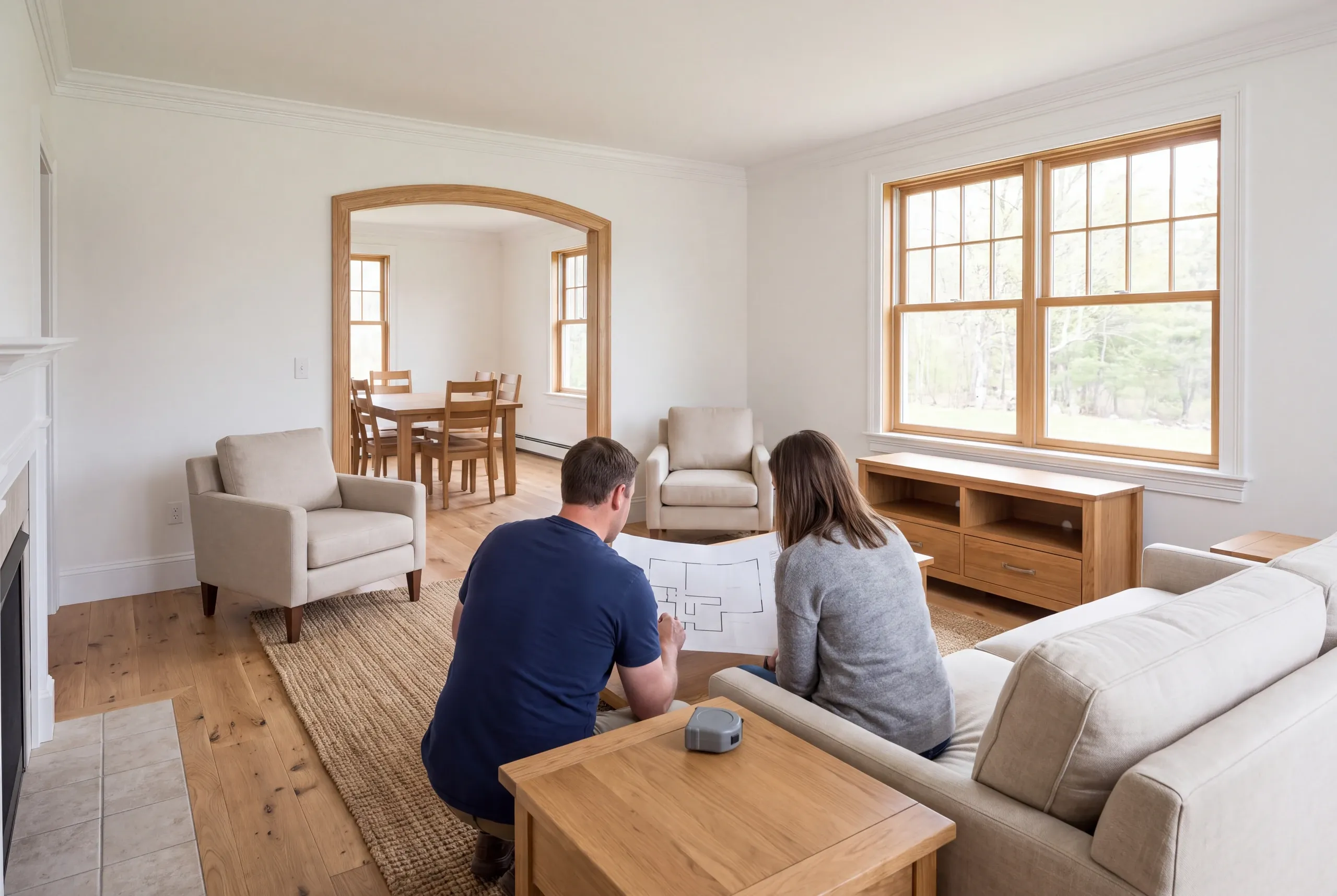 Two adults seen from behind in a living room reviewing an architectural floor plan together.