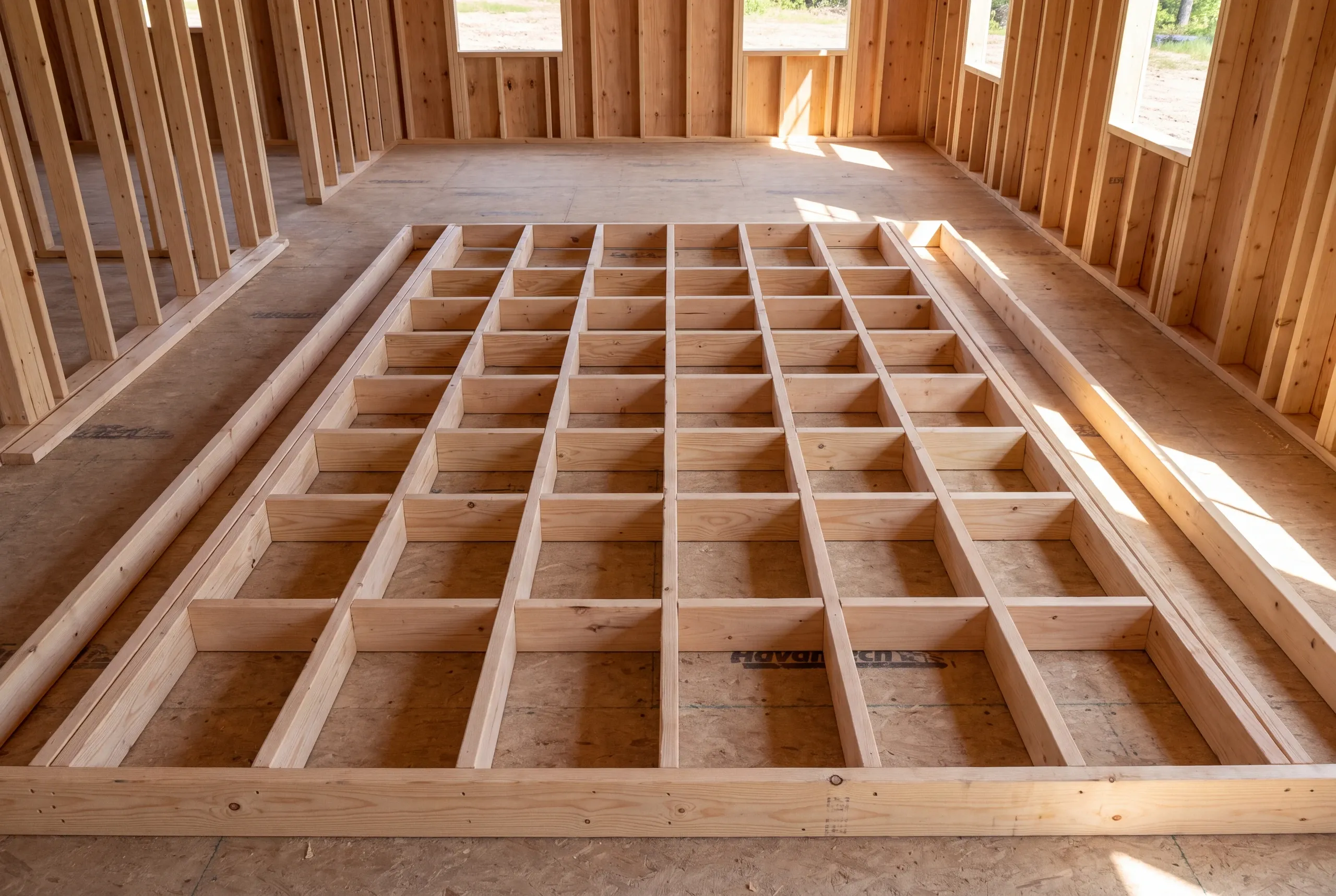 A wooden interior wall frame lies flat on a subfloor inside a framed house under construction.
