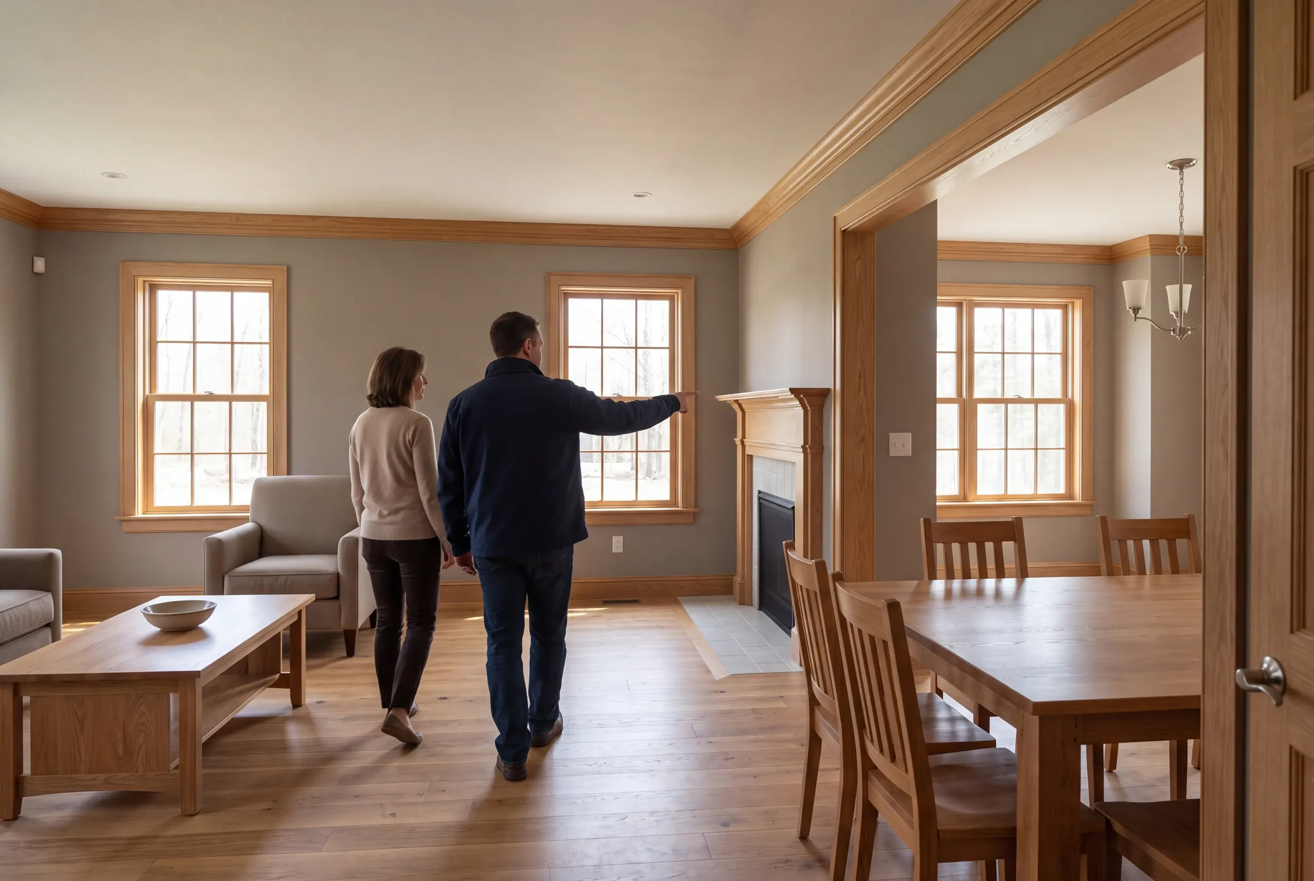 Two adults seen from behind walk through a finished living room and dining room with oak trim and furniture.